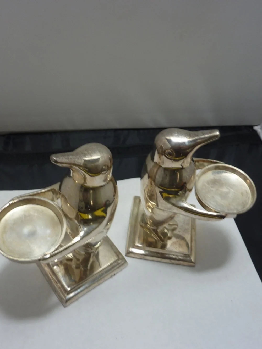 VTG Penguin Candle Holder Votive Set SILVER PLATED Metal Heavy Deco Bird Qty 2